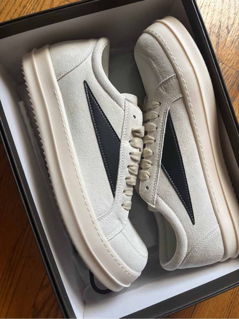 Rick Owens Off-White Suede Low-Top Sneakers with Black Side Stripe